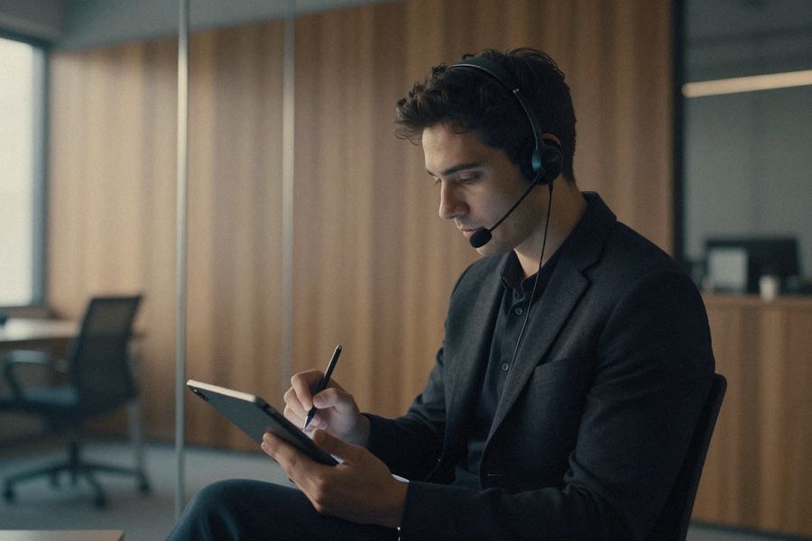 A representative in a headset takes notes on a tablet during a call