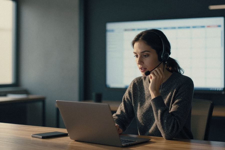 A representative wearing a headset books an appointment on a laptop