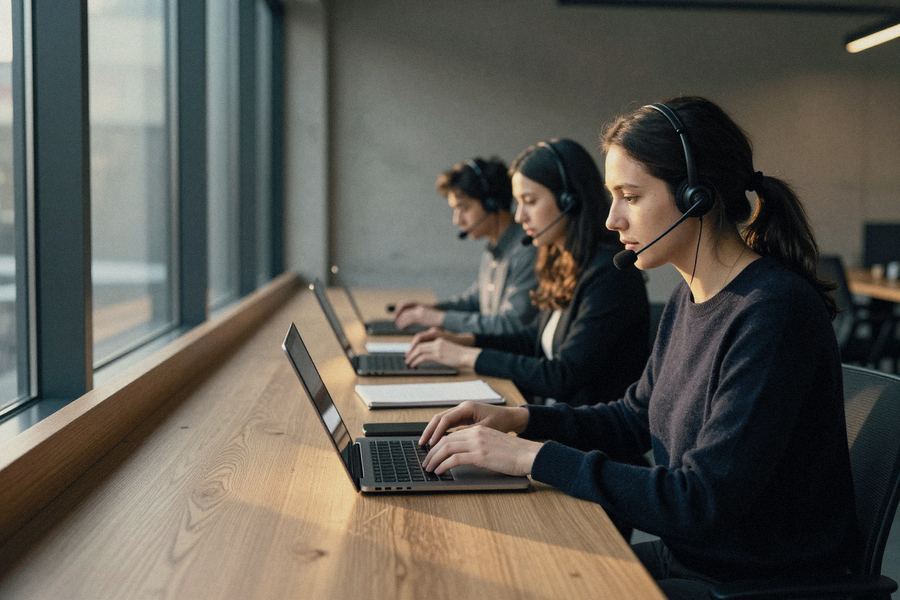 A team of phone representatives working calls at a shared desk